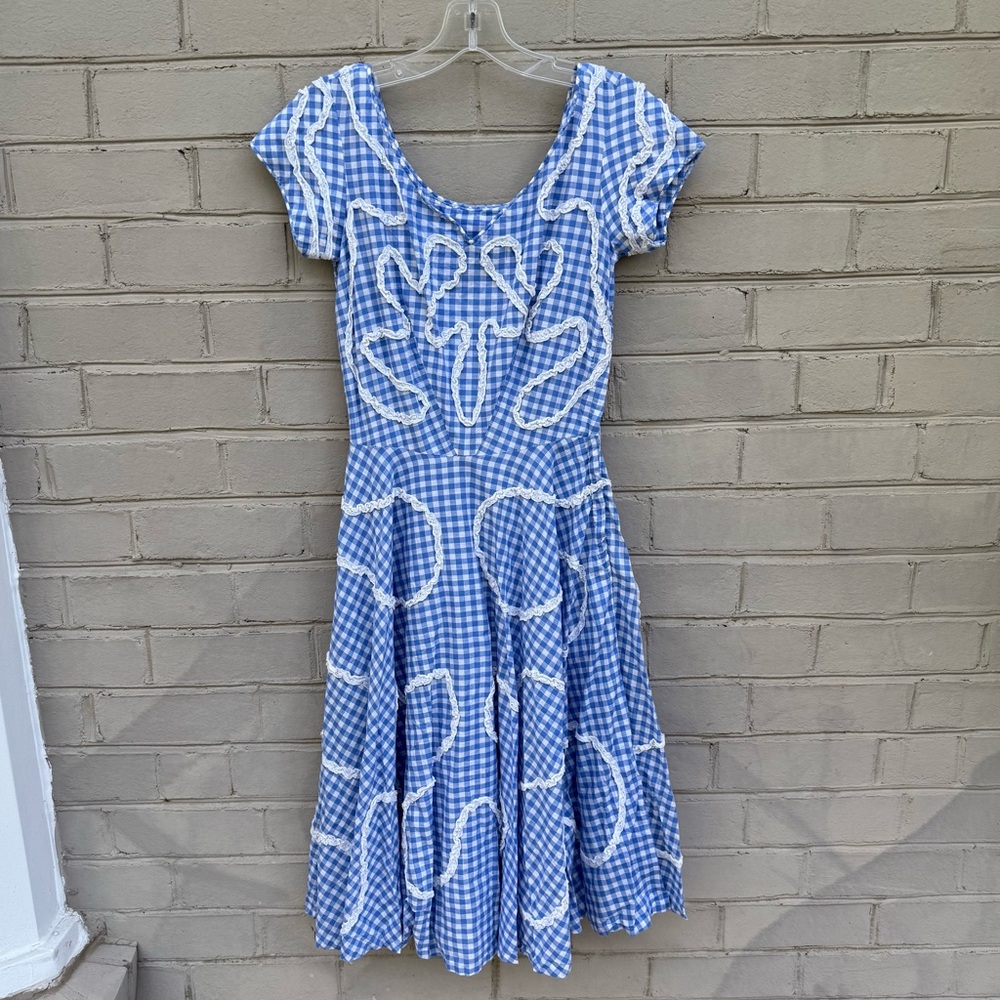 Vintage Homemade Blue and White Gingham Dress w/ Ruffle Trim Accent Size 4